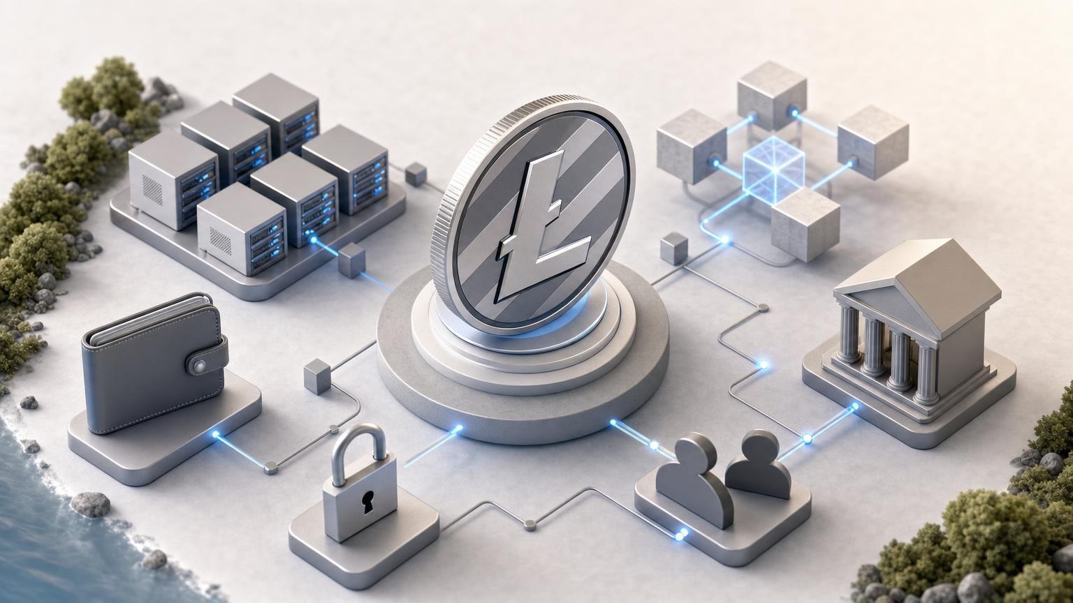 Litecoin knowledge map showing how LTC transactions move through wallets, miners, blocks and payment or exchange workflows